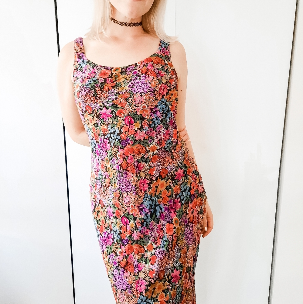 VINTAGE 90s Silk Psychedelic Floral Club Dress